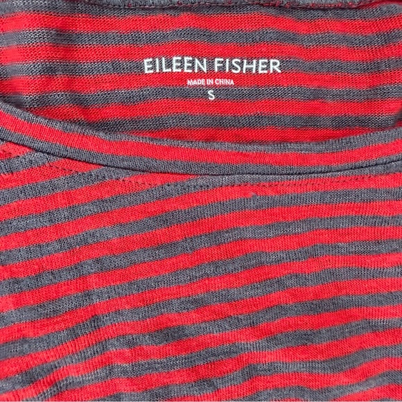 Eileen Fisher 100% Linen Red Gray Stripe Long Sleeve Scoop Neck Top Small - Picture 3 of 8